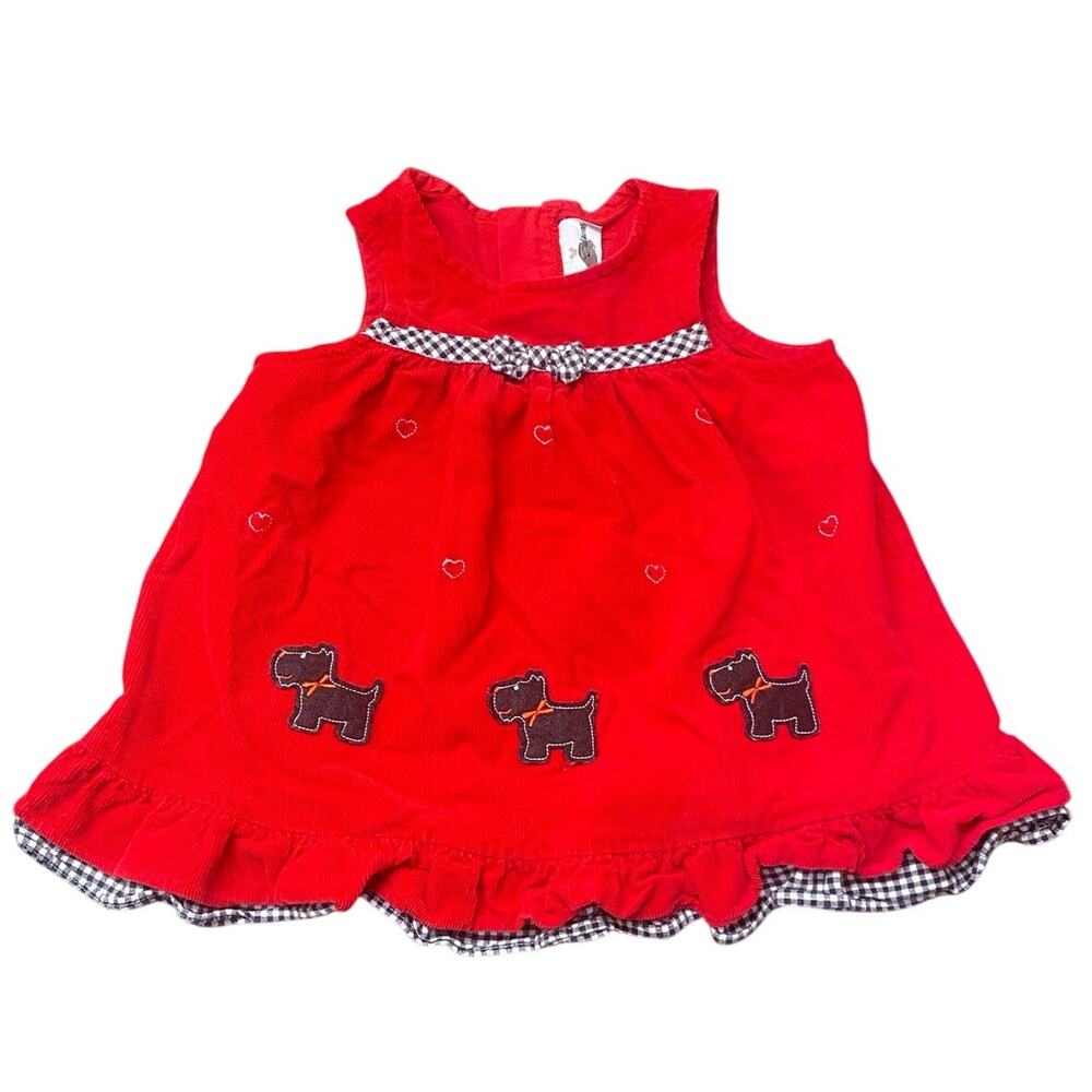 Rare Editions Baby Girl Red Corduroy Dress Scottie Dog Applique Gingham Trim 24M